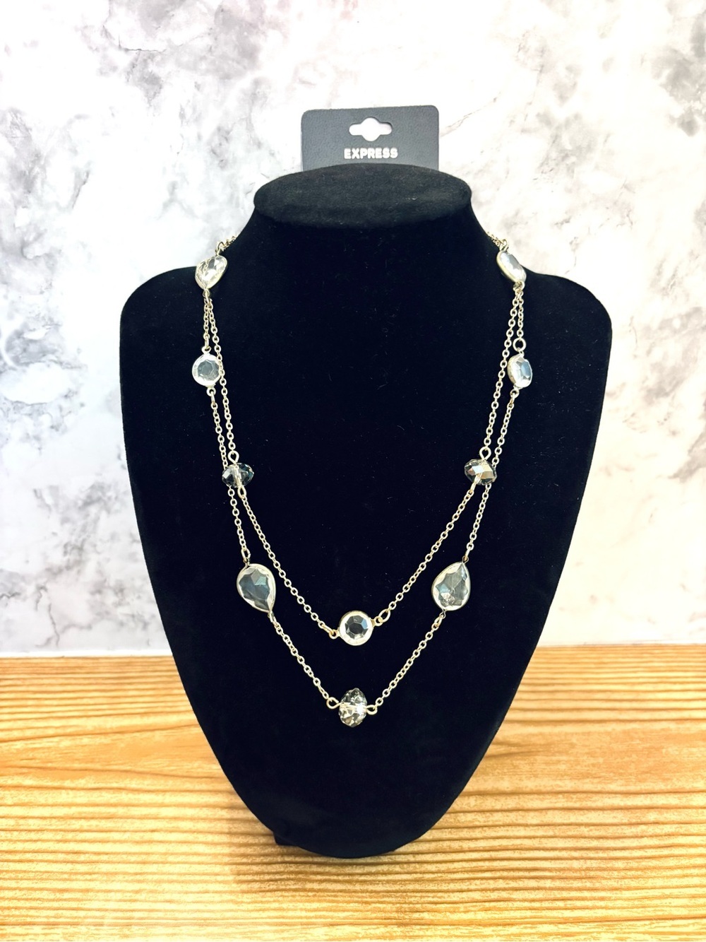 NWT Express Gold Tone Faceted Faux Crystal Double-Layered Necklace